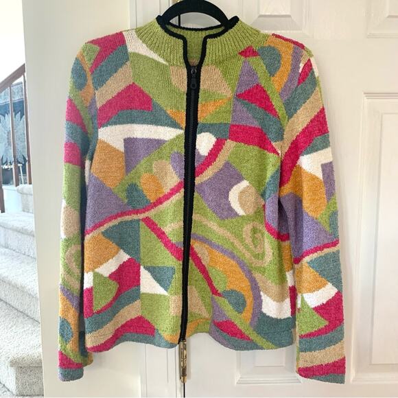 Funky Vintage 90s Multi-Color Pink, Green & Purple Mockneck Zip Cardigan - Picture 1 of 7